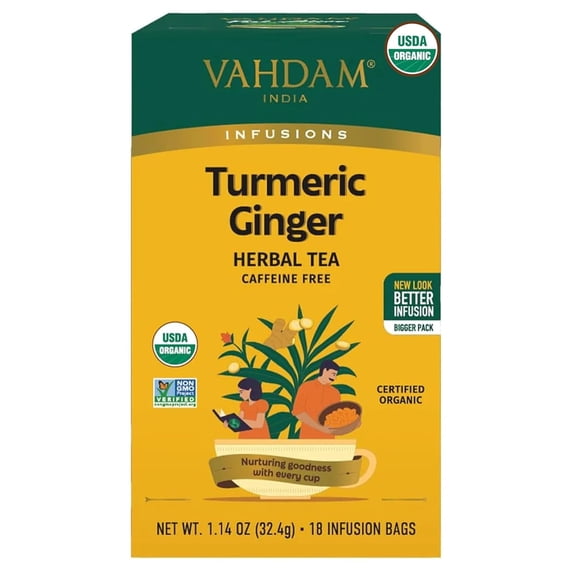 VAHDAM, Organic Turmeric Ginger Herbal Tea Bags (18 Count) Caffeine Free, Gluten Free | 100% Pure Herbal Blend - Earthy & Savory | Eco-Friendly Individually Wrapped Tea Bags | Direct From Source