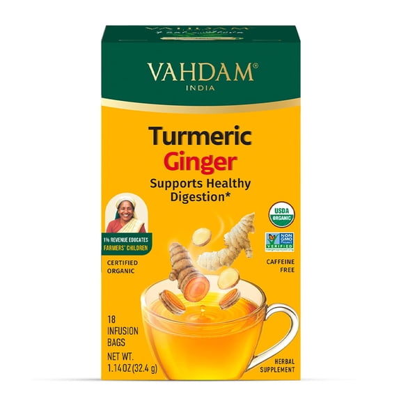VAHDAM Organic Turmeric Ginger Herbal Tea, 18 Tea Bags | Caffeine-Free Herbal Infusion, Non-GMO, Gluten-Free
