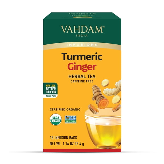 VAHDAM Organic Turmeric Ginger Herbal Tea, 18 Tea Bags | Caffeine-Free Herbal Infusion, Non-GMO, Gluten-Free