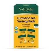 VAHDAM, USDA Organic Turmeric Herbal Tea Sampler (20 Tea Bags, 4 Flavors), Caffeine-Free, Gluten-Free |Turmeric with Citrus, Ginger, Chamomile & Peppermint Tea Variety | Individually Wrapped
