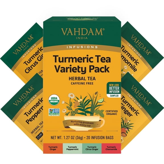 VAHDAM, USDA Organic Turmeric Herbal Tea Sampler (20 Tea Bags, 4 Flavors), Caffeine-Free, Gluten-Free |Turmeric with Citrus, Ginger, Chamomile & Peppermint Tea Variety | Individually Wrapped