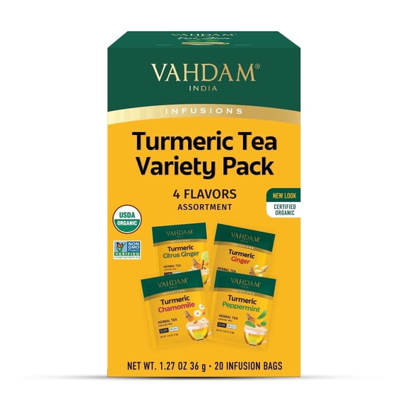 VAHDAM, USDA Organic Turmeric Herbal Tea Sampler (20 Tea Bags, 4 Flavors), Caffeine-Free, Gluten-Free |Turmeric with Citrus, Ginger, Chamomile & Peppermint Tea Variety | Individually Wrapped
