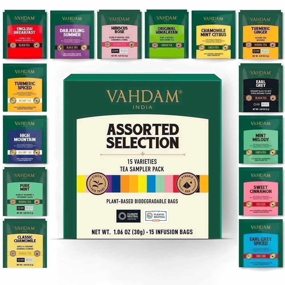 VAHDAM Assorted Tea Sampler (15 Unique Flavors, Pyramid Teabags) Tea Gift Individually Wrapped Teabags|Tea Assortment |Holiday Gift for Women & Men |Non GMO |As
