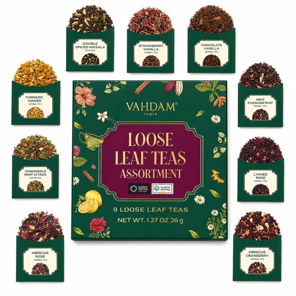 VAHDAM Herbal Loose Leaf Tea Sampler | 9 Exotic Tea Blends | Beautifully Packaged | Delicious Loose Tea Samplers | Holiday Gifts for Women & Men