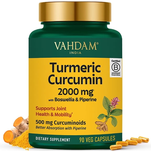 VAHDAM, Turmeric Curcumin Supplement 2000mg (500mg Curcuminoids) with Boswellia & Piperine for Fast Absorption | Supports Joint Health and Mobility | 90 Capsules