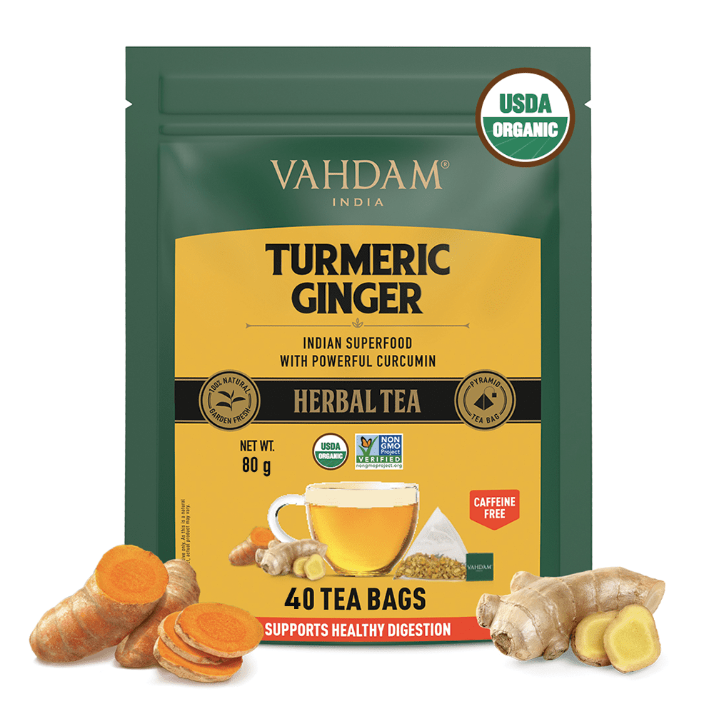 VAHDAM, Turmeric Ginger Blend 40 Herbal Tea Bags Caffeine Free, Non GMO, Gluten Free | Savory &amp; Spicy | Individually Wrapped Pyramid Tea Bags
