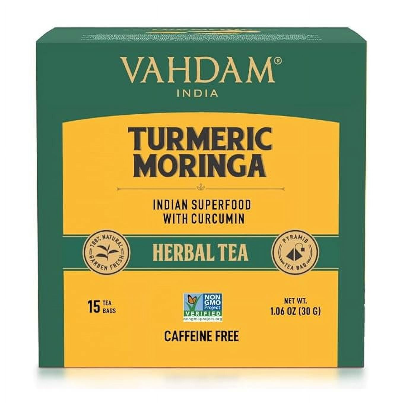 VAHDAM, Turmeric Moringa Superfood Herbal Tea Bags (15 Pyramid Tea Bags) Caffeine Free & Herbal