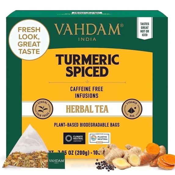 VAHDAM, Turmeric Spice Herbal Tea Bags (100 Pyramid Tea Bags) | Caffeine Free, Non GMO & Gluten Free | Turmeric Ginger Tisane with Cardamom, Cinnamon, Lemongrass & Black Pepper
