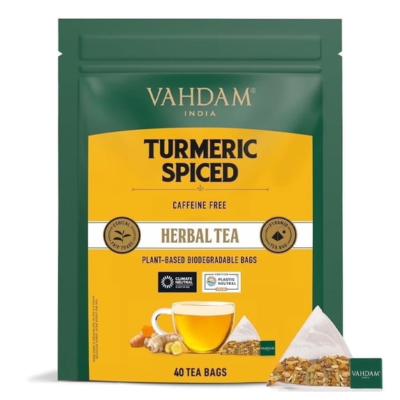 VAHDAM, Turmeric Spiced Herbal Tea Bags (40 Count) | Savory, Spicy & Pure Herbal Tea|Caffeine Free, Non GMO, Gluten Free, Eco-Friendly Tea Bags