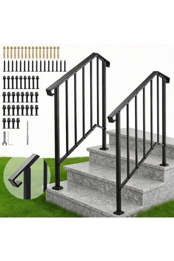 2-Pack Outdoor Handrails for Steps 3-4 Steps, Carbon Steel Stair Railing Kit with Installation Hardware, Safety Balusters for Porch Deck Concrete Steps