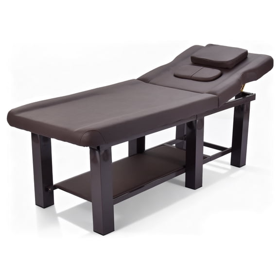 VAHIGCY PU Leather Stationary Massage Table, 27.5'' W × 72.8'' L Metal-Frame Spa Facial Bed with 10-Position Adjustable Backrest for Physical Therapy and Salons, Brown