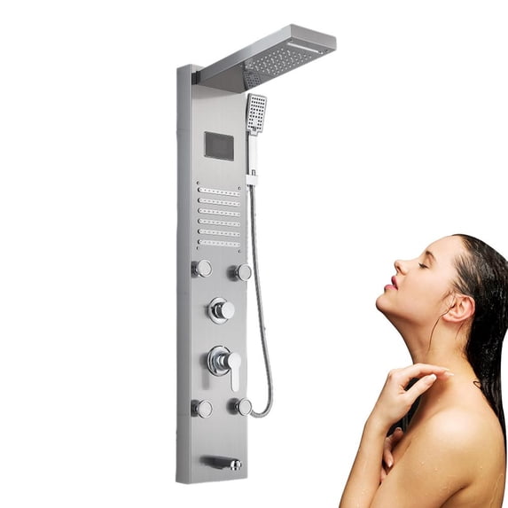 VAHIGCY Shower Panel Smart Digital LED Shower System with 6 Body Jets Stainless Steel Waterfall Shower System Modern Wall Shower Unit for Bathroom Massage Spa handsome