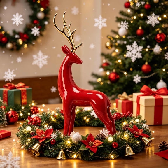 VAIFTILNO Christmas Decor, Glossy Red Reindeer Figurine, 5.9in Christmas Deer Tabletop Decor with Golden Antlers for Mantel, Shelf, Desk, Holiday Gift