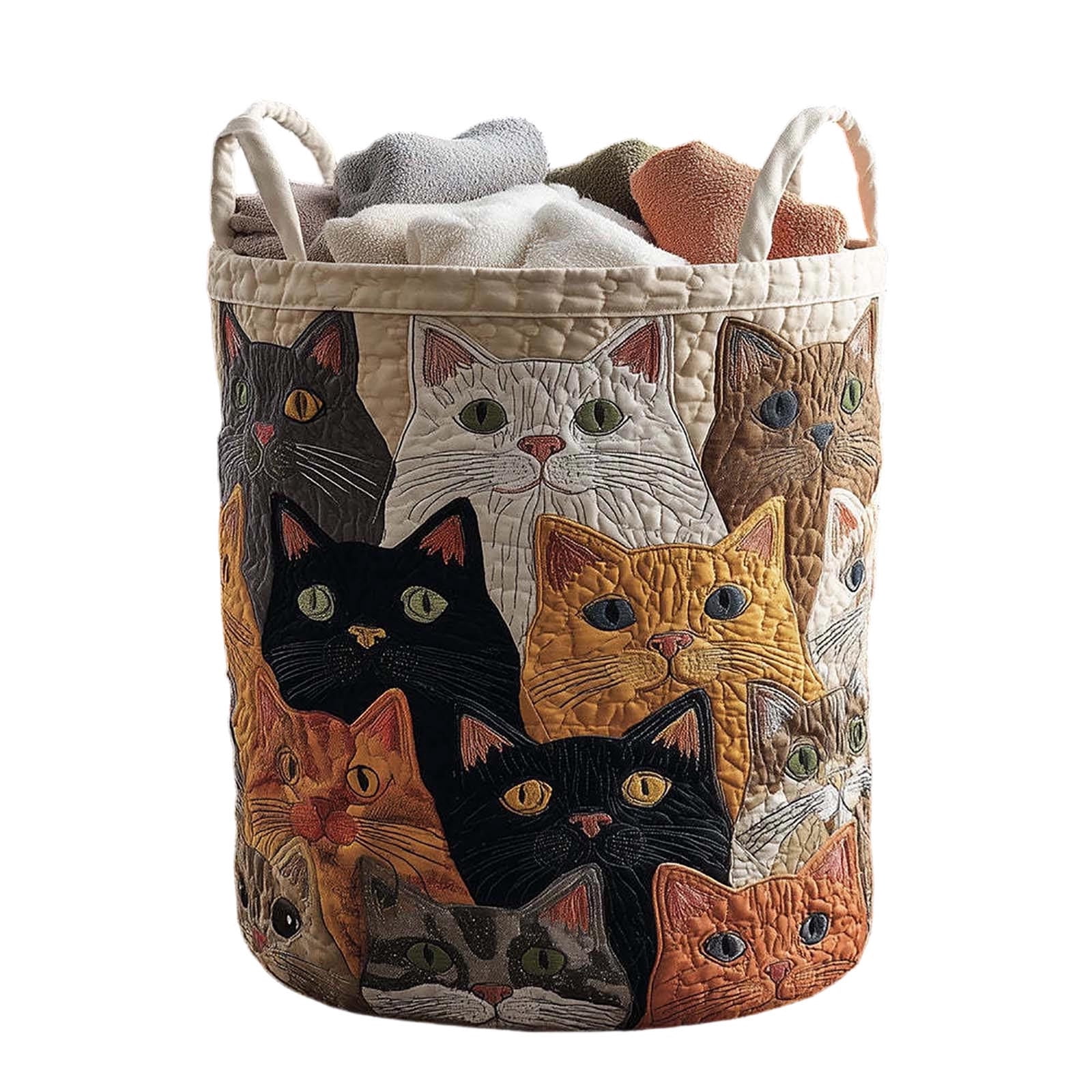 VAIFTILNO Embroidered Cute Cat Laundry Basket, 20x28in Soft Quilted Fabric Storage Bucket, Collapsible Foldable Hamper with Sturdy Handles, for Bedroom, Bathroom, Bachelor