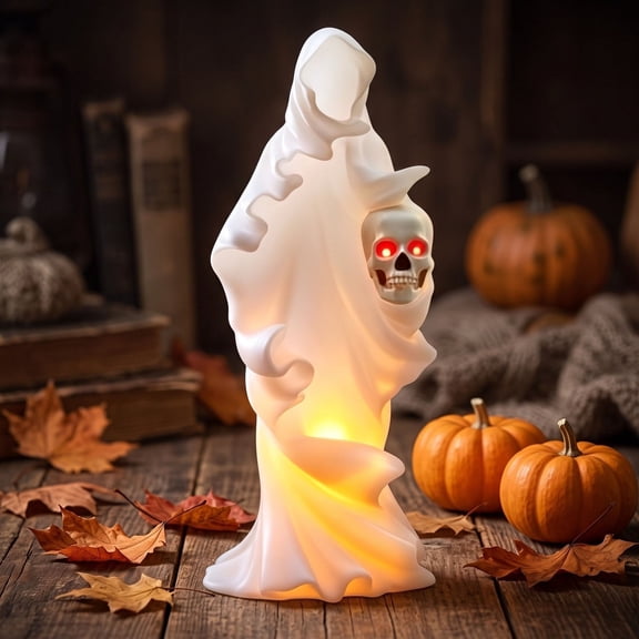 VAIFTILNO Gothic Halloween Decor, Hooded Ghost Figurine with Glowing Red Eyes, Skull LED Light Resin Statue, Halloween Ornaments for Mante,l Shelf