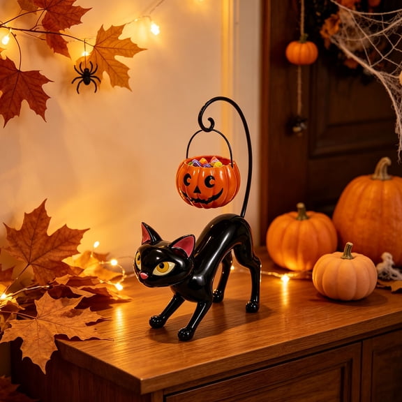 VAIFTILNO Halloween Decorations, 9.8in Black Cat Candy Bowl, Pumpkin Candy Jar Fall Decor, Cat Figurines for Mantel, Shelf, Outdoor Indoor Decor