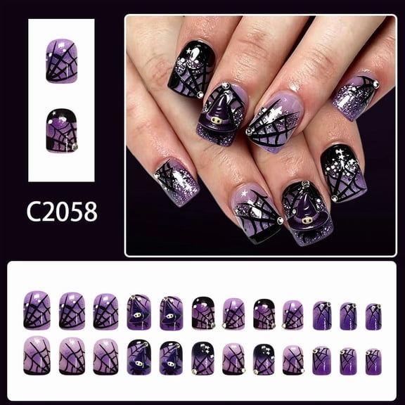 VAIFTILNO Halloween Press on Nails, Purple Glitter Witch and Spiderweb Pattern, 24-Pack Medium Rhinestone Fake Nails, False Tips for Women