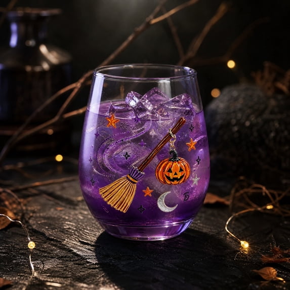 VAIFTILNO Halloween Themed Stemless Wine Glasses, 12oz Handmade 2D Halloween Glass Cups, Spooky Design Drinkware for Parties, Home Decor (More Styles)