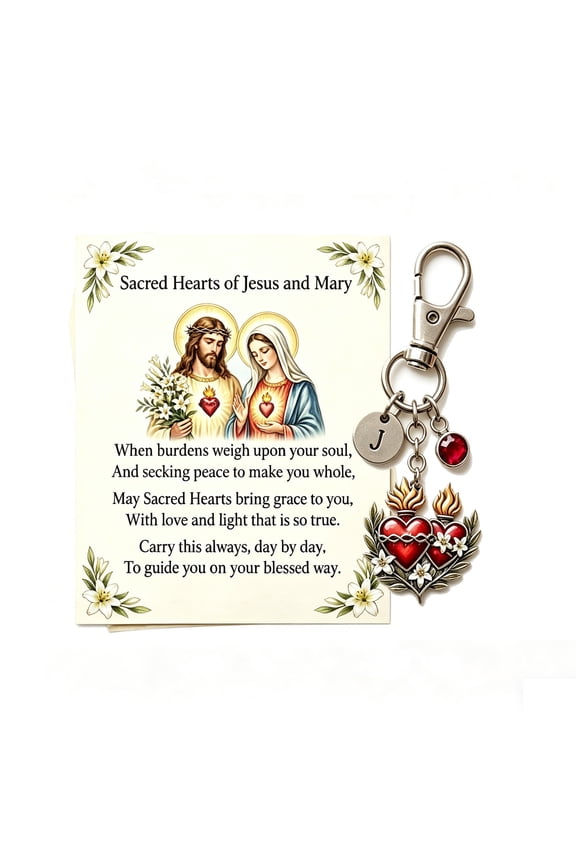 Jesus Keychain Pocket Card Gift, 2.76x1.18in, Devout Objects or Spiritual Souvenirs, Sacred Hearts of Jesus and Mary Metal Keepsake with Poem Card