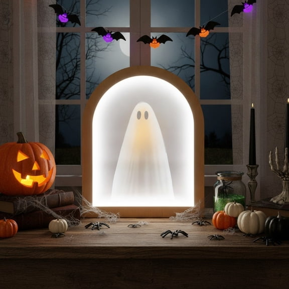VAIFTILNO Light Up Ghost Mirror Halloween Decor, Gold Arched Frame with Candle, Halloween Decorations Tabletop Lamp for Mantel Shelf