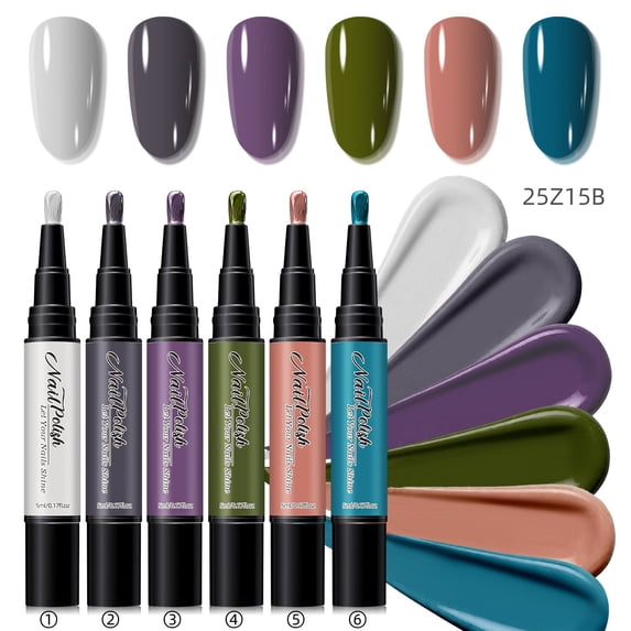 VAIFTILNO Nail Polish Pen Set 6 Colors, Water Based Nail Art Polish, Dry Nail Art Pens Air Dry Nail Paint No Lamp Needed, Control Brush Tip for Women (B)
