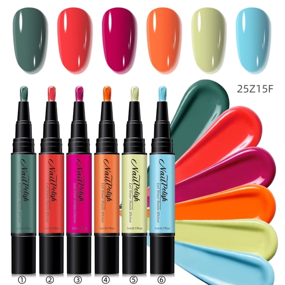 VAIFTILNO Nail Polish Pen Set 6 Colors, Water Based Nail Art Polish, Dry Nail Art Pens Air Dry Nail Paint No Lamp Needed, Control Brush Tip for Women (F)