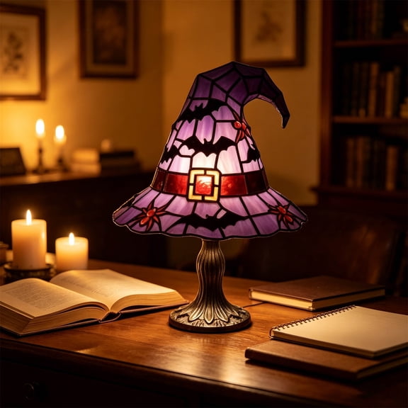 VAIFTILNO Purple Stained Glass Witch Hat Lamp, Vintage Gothic Halloween Night Light for Bedroom, Desk, Party, Home Decor, Mysterious Atmosphere (A)