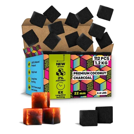 VAIKAXY Natural Coconut Coals - 100% Made with Natural Coconut Shell - 1.2 KG of Charcoal Briquettes, 112 Cubic Pieces, Size 1 Inch - Odorless, Slow Burn, Less