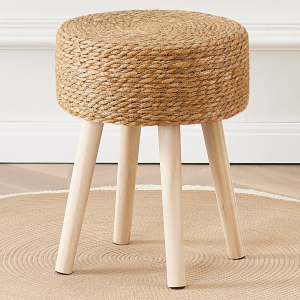 Natural Seagrass Round Pouf with Solid Wood Legs