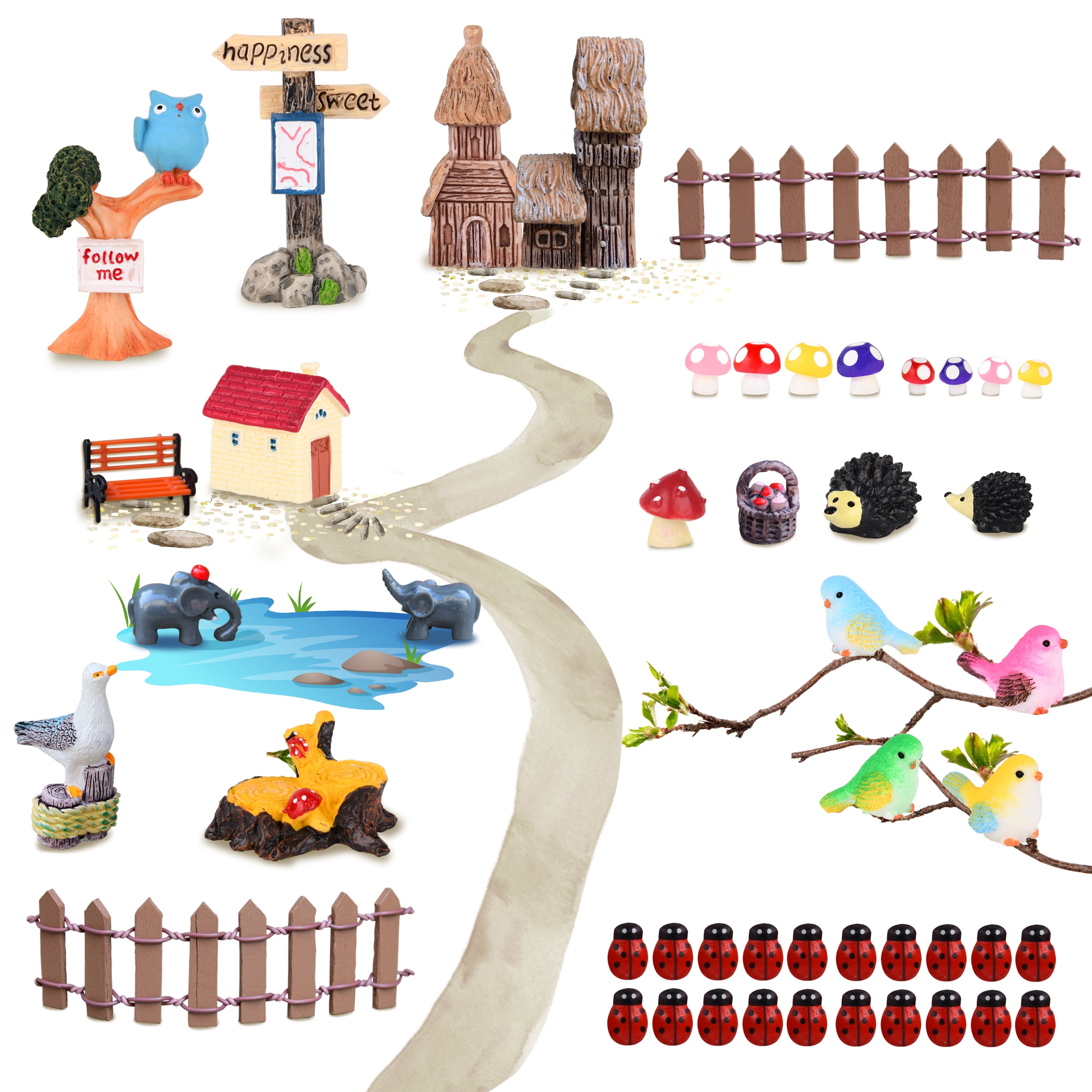 VAINECHAY 48pcs Garden Ornaments Outdoor Statues Decoration Miniature Fairy Accessories Kit Resin Mini Figurines Home Decor Animal Mushroom House Gift