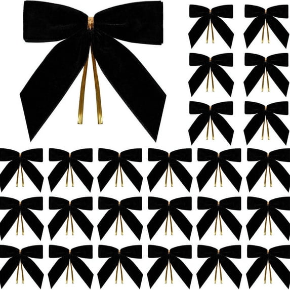 JUSEO 24pcs Small Velvet Christmas Bows for Trees, Wreaths, Gift Wrap, Party Favors, Candy Bags, and Home Decoration, Soft Reusable Holiday Ribbon Accents(Black)