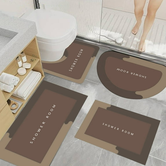 JUSEO Bathroom Rug Set 4-Piece Large Oval Toilet Mat Set, Non-Slip Backing, Quick-Dry, Brown Bathroom Accessories