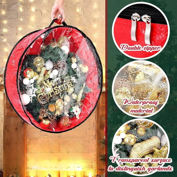 JUSEO Christmas Wreath Storage Bag 2 Pack Garland Container with Clear Window Tear Proof Fabric Home Storage(Red)