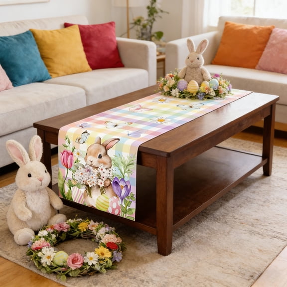 VAJUSO Easter Bunny And Egg Table Runner Linen-Style Dining Table Decor C Happy Easter