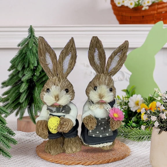 JUSEO Easter Bunny Decor – Woven Straw Bunny Figurine(Brown)