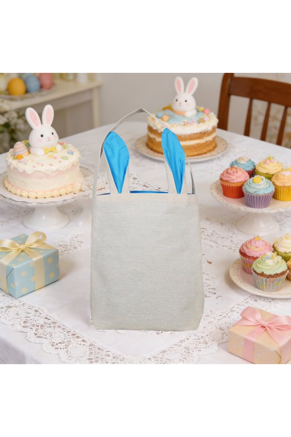 Easter Gift Tote Bag, Bunny Ear Design, Linen Eco-Friendly Canvas, Blue Happy Easter