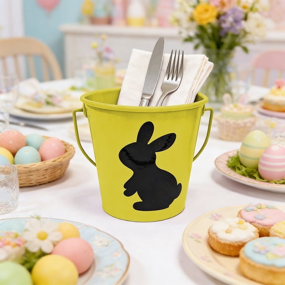VAJUSO Easter Tin Bunny Candy Bucket Yellow Metal Gift Handbag Storage Bucket