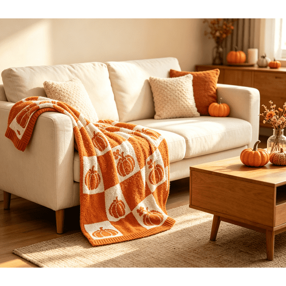 VAJUSO Fall Pumpkin Checkered Knit Throw Blanket, 39.37 x 27.56in, Soft Decorative Throw for Sofa Couch Bed, Halloween Thanksgiving Autumn Home Decor