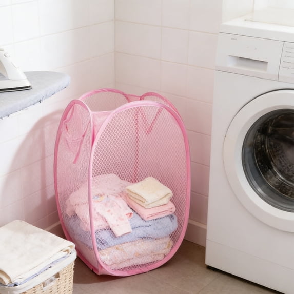 JUSEO Foldable Laundry Hamper – Pink Mesh Basket 11.02 × 11.02 × 15.75 Inch