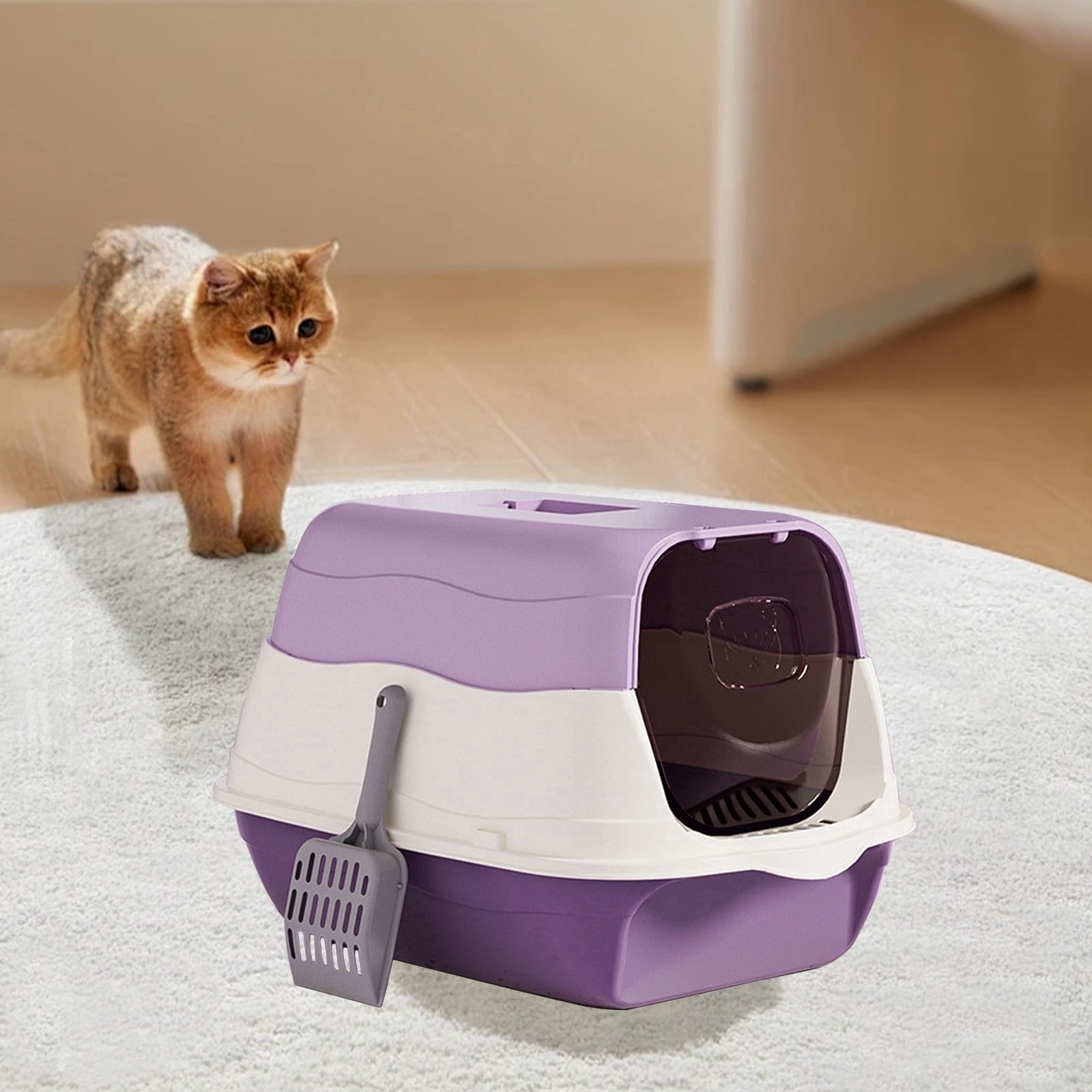 VAJUSO Fully Enclosed Cat Litter Box with Lid & Scoop, Odor Control Covered Cat Litter Pan, Splash-Proof Easy Clean Design, 19.68 Inch, Ideal for Small to Medium Cats, Purple