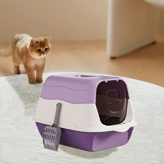 VAJUSO Fully Enclosed Cat Litter Box with Lid & Scoop, Odor Control Covered Cat Litter Pan, Splash-Proof Easy Clean Design, 19.68 Inch, Ideal for Small to Medium Cats, Purple