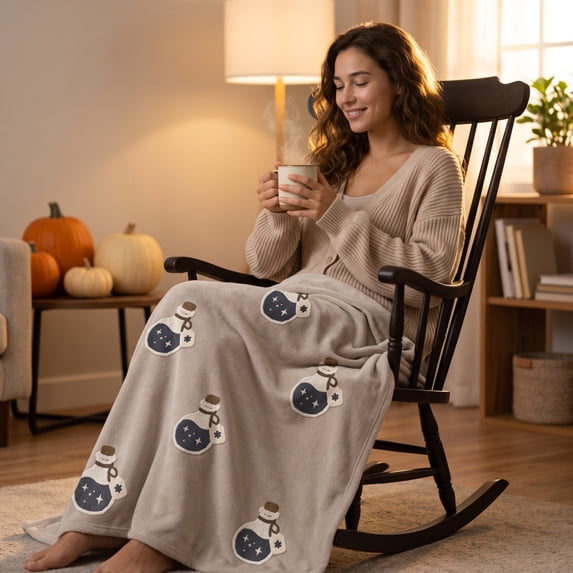 VAJUSO Halloween Flannel Throw Blanket, Gray Magic Potion & Bat Print, 39.37x27.56in Soft Fleece Blanket for Sofa, Couch, Bed, Halloween Home Decor