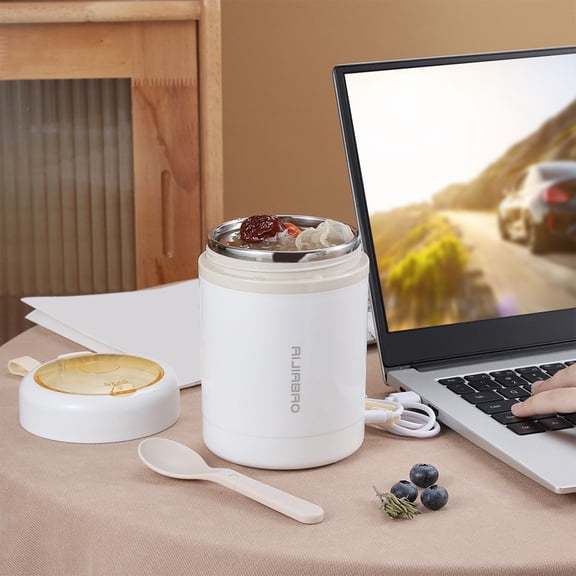 VAJUSO Heated Lunch Box, 304 Stainless Steel USB Electric Warming Food Container, Large Capacity Portable Bento, White Kitchen Utensils