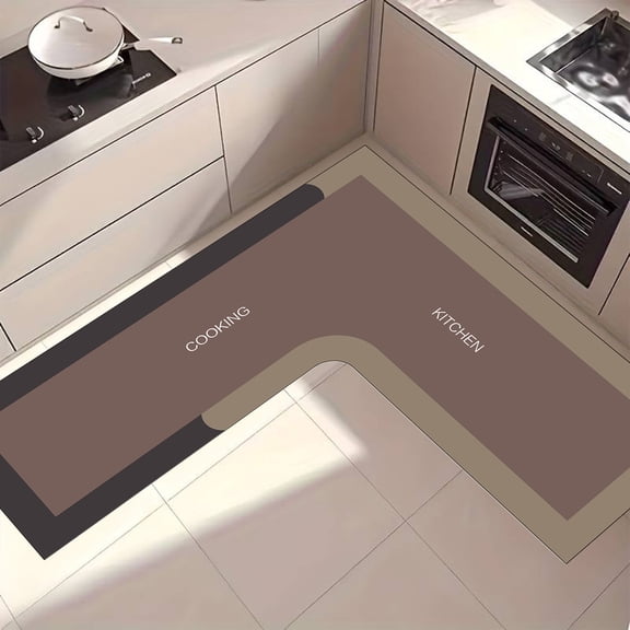 JUSEO L-Shaped Kitchen Mat Absorbent Oil-Resistant Corner Rug, 47.24 × 47.24 in, Brown Bathroom Decor