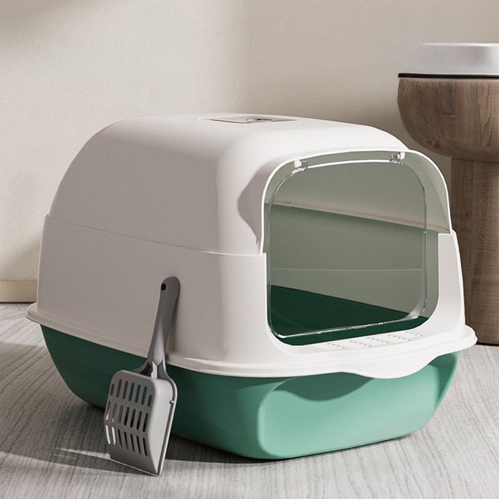 JUSEO Large Fully Enclosed Cat Litter Box with Lid & Litter Shovel, Splash-Proof, 13.39x19.29x13.39in Pet Litter Box, Plastic Cat Toilet Tray(Green)