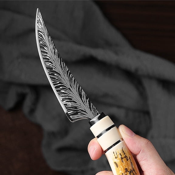 VAJUSO Outdoor Knife Deer Feather Pattern Curved Survival Knife Fruit & Collection Gift