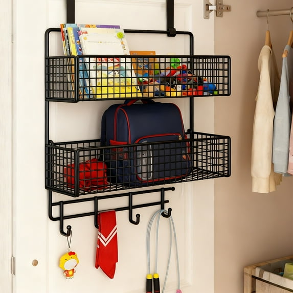 VAJUSO Over-the-Door Storage Rack (Black) – Metal Organizer with Double Baskets & Hooks