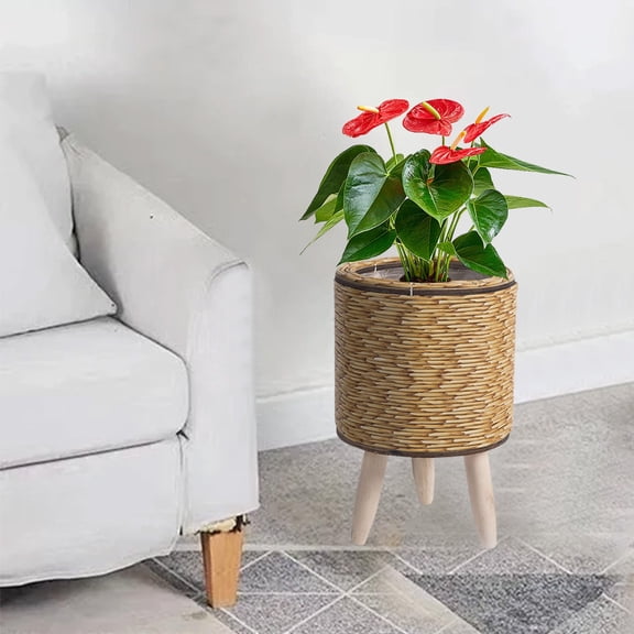 VAJUSO Rattan Style Woven Flowerpot with Triangular Stand, Plastic Rattan Planter for Indoor Desktop, Office, or Home Plant Display and Storage Organizer(Yellow, 5.51x8.46in)