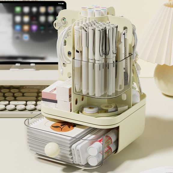 VAJUSO Rotating Desk Organizer Yellow Student Pencil Tray Drawer Stationery Holder Office