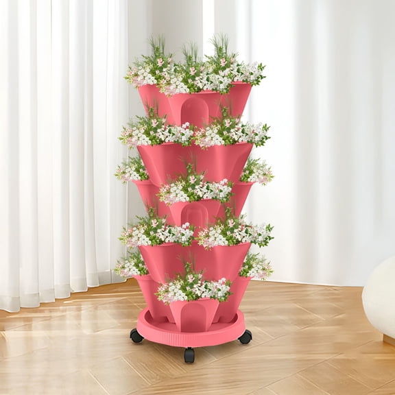 VAJUSO Stackable Strawberry Planter, Pink Plastic Vertical Three-Petal Planting Basin